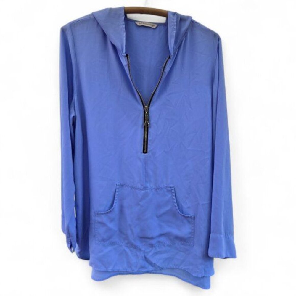 Soft Surroundings Womens Blue Hooded Pullover Top W/ Half-Zip & Front Pocket - Picture 1 of 3
